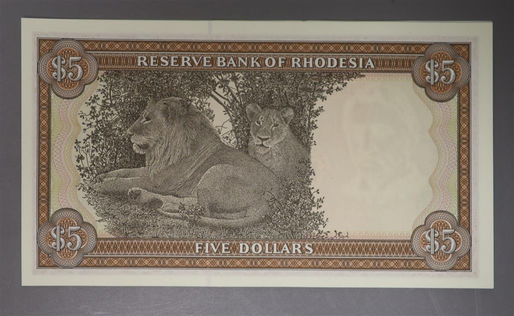 Reserve bank of Rhodesia, ten $5 dollar banknotes, consecutive serial numbers M/18- 20 October 1978 (10) all UNC